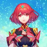  armor bangs blush breasts earrings fingerless_gloves gloves hair_ornament homura_(xenoblade_2) jewelry large_breasts looking_at_viewer red_eyes red_hair short_hair simple_background smile solo tiara w2398510474 xenoblade_(series) xenoblade_2 