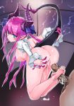  1girl aqua_eyes ass barefoot blush breasts cum demon_tail elizabeth_bathory_(fate) fate/grand_order feet footjob horns large_breasts long_hair looking_at_viewer looking_back nipples nude pink_hair pointy_ears pussy toes 