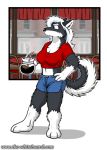 2018 3_toes 4_fingers anthro barefoot beverage blue_eyes breasts canine chair cleavage clothed clothing coffee coffee_pot doc_nickel dog female fur gloves_(marking) hair hand_on_hip holding_object husky inner_ear_fluff inside mammal markings midriff mikittok_qimmiq multicolored_fur navel shirt shorts siberian_husky socks_(marking) solo standing straw table toes two_tone_fur white_hair 