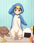  :&lt; animal_costume black_hair brown_eyes building_block child dog katsuki_yuuri male_focus name_tag penguin_costume salute twc_(p-towaco) vicchan younger yuri!!!_on_ice 