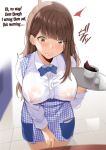  1girl 3: apron blue_bow blush bow bowtie breasts brown_hair checkered_apron closed_mouth coffee coffee_cup cup disposable_cup earrings employee_uniform erect_nipples hard_translated holding holding_tray jewelry koubeya_uniform lactation large_breasts long_hair long_sleeves milk_leaking_through_clothing nipples noripachi original pocket see-through shirt standing translated tray uniform waitress wet wet_clothes wet_shirt white_shirt yellow_eyes 