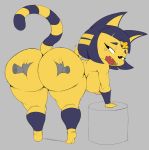  2018 animal_crossing ankha anthro areola breasts butt butt_grab cat disembodied_hand egyptian feline female grey_background hair hand_on_butt mammal nintendo nipples purple_yoshi_draws short_hair short_stack simple_background solo_focus thick_thighs video_games wraps 