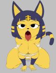  2018 animal_crossing ankha anthro breasts cat egyptian feline female grey_background hair looking_at_viewer mammal nintendo open_mouth purple_yoshi_draws short_hair short_stack simple_background solo thick_thighs tongue tongue_out video_games wraps 