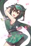  animal_hood bike_shorts black_shorts brown_eyes brown_hair cherry_blossoms cosplay cowboy_shot green_sailor_collar green_scarf highres hood japanese_clothes kantai_collection kemono_friends looking_at_viewer ninja open_mouth panther_chameleon_(kemono_friends) panther_chameleon_(kemono_friends)_(cosplay) petals sailor_collar scarf sendai_(kantai_collection) short_hair shorts smile solo trait_connection two_side_up white_background zhi_zhi/zu_zu 