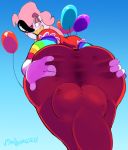  balloon big_butt blue_background bulge butt clothed clothing crossdressing dress girly humanoid looking_at_viewer looking_back male mrs.mayhem not_furry simple_background solo spreading vimhomeless 