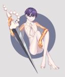  androgynous bad_id bad_pixiv_id blue_eyes blue_hair dark_blue_hair golden_arms grey_background heterochromia high_heels highres houseki_no_kuni knees_to_chest looking_at_viewer necktie onbi_(fxfe2242) phosphophyllite phosphophyllite_(ll) see-through short_hair sitting smile solo sparkle spoilers sword weapon white_eyes 