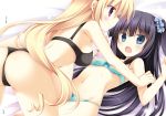  2girls ass black_hair blonde_hair blue_eyes blush bow bra cameltoe juuoumujin_no_fafnir korie_riko lisa_highwalker long_hair mononobe_mitsuki navel panties ponytail purple_eyes underwear yuri 