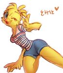  2018 avian bird blonde_hair blue_eyes blue_shorts breasts chicken clothed clothing ettie feathers female fifa hair one_eye_closed open_mouth open_smile shirt shorts simple_background smile solo striped_shirt thinkmink white_background wink yellow_feathers 