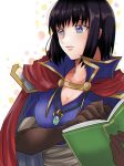  black_hair blue_eyes book breasts cape cleavage elbow_gloves fire_emblem fire_emblem:_thracia_776 fire_emblem_heroes gloves holding holding_book jewelry large_breasts necklace olwen_(fire_emblem) rem_sora410 short_hair simple_background solo 