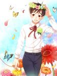  black_hair brown_eyes bug butterfly collared_shirt flower head_wreath insect jewelry katsuki_yuuri male_focus petals red_string ring shirt smile solo string twc_(p-towaco) yuri!!!_on_ice 
