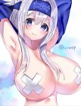  ainu_clothes armpits blue_eyes blush breasts closed_mouth commentary_request eyebrows_visible_through_hair folded_ponytail hair_between_eyes headband kamoi_(kantai_collection) kantai_collection large_breasts long_hair looking_at_viewer pasties sidelocks smile solo twitter_username undressing viwop white_hair 
