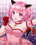  :d animal_ears argyle argyle_background bare_shoulders bell blush breasts cat_ears cat_tail choker cleavage commentary_request dress eyebrows_visible_through_hair fang gloves jingle_bell looking_at_viewer medium_breasts mew_ichigo momomiya_ichigo naomi_(fantasia) open_mouth pink_choker pink_dress pink_eyes pink_hair pink_lips red_gloves short_hair smile solo sparkle sparkle_background tail tail_bell tokyo_mew_mew twintails 