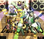  anthro beastars canine dog drum fennec fid fox fur guitar hyena jack_(beastars) labrador legosi_(beastars) looking_at_viewer male mammal microphone musical_instrument playing_guitar playing_music smile solo standing white_fur wolf 