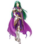  boots breastplate brooch cape cecilia_(fire_emblem) elbow_gloves fire_emblem fire_emblem:_fuuin_no_tsurugi fire_emblem_heroes full_body gloves green_eyes green_hair highres jewelry kita_senri knee_boots light_smile lips long_hair official_art pantyhose purple_cape shoulder_pads sidelocks solo transparent_background white_footwear white_gloves 
