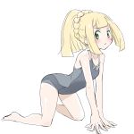 all_fours barefoot blonde_hair blush collarbone full_body green_eyes highres lillie_(pokemon) long_hair looking_at_viewer nagitaro one-piece_swimsuit pokemon pokemon_(game) pokemon_sm ponytail school_swimsuit simple_background sketch solo sweatdrop swimsuit tied_hair white_background 