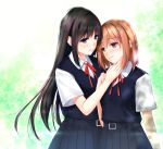  black_hair black_skirt blue_eyes blurry blurry_background blush brown_hair dress eye_contact green_background long_hair looking_at_another medium_hair mole mole_under_eye multiple_girls nayuta69 original outdoors pinafore_dress school_uniform skirt standing yuri 