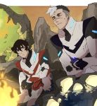  black_hair campfire hyakujuu-ou_golion keith_(voltron) looking_at_another male_focus multicolored_hair multiple_boys parted_lips pilot_suit rock scar sitting sweat takashi_shirogane tetsu_(teppei) two-tone_hair undercut voltron:_legendary_defender white_hair 