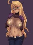  ahoge alma_(va-11_hall-a) bikini blonde_hair blush breasts breasts_apart brown_sweater clothes_lift cowboy_shot denim eyebrows_visible_through_hair finalcake glasses groin hair_between_eyes head_tilt highres jeans large_breasts lipstick long_hair long_sleeves looking_at_viewer makeup navel pants parted_lips purple_background red-framed_eyewear ribbed_sweater simple_background solo standing sweater sweater_lift swimsuit turtleneck turtleneck_sweater unbuttoned va-11_hall-a very_long_hair yellow_bikini 