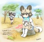  african_wild_dog_(kemono_friends) african_wild_dog_print animal_ears artist_name basket bear_ears bear_paw_hammer bike_shorts blush bono_(8775bono) boots bow bowtie brown_bear_(kemono_friends) brown_hair collared_shirt commentary_request dated denim denim_shorts dog_ears dog_tail elbow_gloves eyebrows_visible_through_hair fingerless_gloves food gloves highres huge_filesize japari_bun kemono_friends kemono_friends_pavilion light_brown_hair long_sleeves lucky_beast_(kemono_friends) multicolored_hair multiple_girls pantyhose partially_translated pleated_skirt shirt short_hair short_shorts short_sleeves shorts shorts_under_skirt signature sitting skirt star sweatdrop tail translation_request v-shaped_eyebrows white_hair 