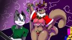  2017 absurd_res anthro bell biped blue_eyes blush breasts brown_ears brown_fur brown_tail cat christmas clothed clothing digital_media_(artwork) duo eyelashes feline female fur gift gloves_(marking) green_clothing green_eyes green_shirt green_topwear grey_ears grey_fur grey_nose hair hi_res holding_object holidays inside kitt_(kitt_kitten) kitt_kitten looking_at_another looking_back male mammal mari markings marsupial mistletoe multicolored_clothing multicolored_fur navel open_mouth pink_clothing pink_topwear plant purple_hair purple_nose purple_tongue red_clothing red_topwear shirt simple_background sugar_glider t-shirt tablet topwear two_tone_clothing two_tone_fur white_fur 