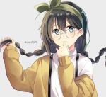  alternate_hairstyle artist_name black_hair blue_eyes braid brown_hair casual commentary eyebrows_visible_through_hair glasses hair_between_eyes highres holding holding_hair kantai_collection light_blush long_hair long_sleeves looking_at_viewer multicolored_hair ribbon shigure_(kantai_collection) simple_background solo symbol_commentary turtleneck twin_braids twitter_username yukichi_(eikichi) 