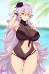 armpits artist_name ass_visible_through_thighs azur_lane band-width bare_shoulders black_swimsuit blurry blurry_background breasts cleavage day eyebrows_visible_through_hair flower graf_zeppelin_(azur_lane) hair_between_eyes hair_flower hair_ornament hand_in_hair highres large_breasts long_hair looking_at_viewer navel navel_cutout outdoors parted_lips red_eyes signature silver_hair sky solo standing swimsuit very_long_hair water 