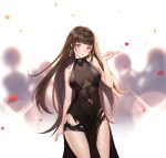  :o alternate_costume arm_ribbon armlet bangs bare_shoulders black_dress blunt_bangs blurry blurry_background blush breasts brown_hair cleavage closed_mouth commentary confetti cowboy_shot cup dress dsr-50_(girls_frontline) earrings floating_hair flying_heart girls_frontline gold hand_up head_tilt highres holding jewelry large_breasts light_particles long_hair looking_at_viewer red_eyes ribbon ring sidelocks sitting siun skindentation smile solo thighs 