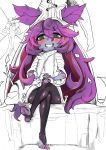  1girl animal_ears bangs blush butterfly_wings fairy feet full_body green_eyes grin hair_between_eyes hat highres league_of_legends leaves legs_crossed legwear long_hair looking_at_viewer lulu_(league_of_legends) messy_hair pix purple_hair purple_skin robe sitting sketch smile solo_focus teeth toeless_legwear toes toned very_long_hair wide_sleeves wings witch_hat wwwazxc yordle 