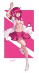  :d absurdres arm_up breasts character_name cup dorothy_(va-11_hall-a) drink drinking_glass full_body glass heart heart_in_eye highres holding holding_cup kneehighs leg_up medium_breasts navel nipples open_clothes open_mouth open_shirt oshino_mirai pink_eyes pink_hair pink_neckwear pink_skirt pleated_skirt robot_joints shirt short_hair short_sleeves skirt smile solo symbol_in_eye va-11_hall-a white_legwear white_shirt 