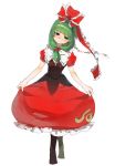  bangs bare_arms blunt_bangs closed_mouth crossed_legs curtsey dress eyebrows_visible_through_hair frilled_dress frilled_ribbon frills front_ponytail full_body green_eyes green_hair hair_ribbon head_tilt highres kagiyama_hina lifted_by_self long_hair mafuyu_hemp puffy_short_sleeves puffy_sleeves red_ribbon ribbon short_sleeves simple_background skirt_hold smile solo standing touhou watson_cross white_background 