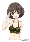  :d akiyama_yukari arm_behind_back bangs bikini_top breasts brown_eyes brown_hair camouflage_bikini_top collarbone commentary cropped_torso dated eyebrows_visible_through_hair flipper girls_und_panzer looking_at_viewer medium_breasts messy_hair navel open_mouth salute short_hair simple_background smile solo standing twitter_username upper_body white_background 
