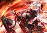  arm_guards artist_name black_bow black_coat black_legwear bow breasts center_opening cleavage covered_nipples dark_skin fate/grand_order fate_(series) fire hair_between_eyes head_tilt high-waist_skirt high_collar holding holding_sword holding_weapon katana large_breasts long_hair looking_at_viewer okita_souji_(alter)_(fate) okita_souji_(fate)_(all) red_skirt rei_kun skirt solo sword tassel thigh_strap thighhighs tied_hair very_long_hair watermark weapon web_address white_hair yellow_eyes 