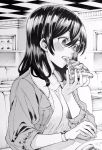  black_hair blush commentary_request eating food greyscale highres indoors jacket medium_hair monochrome nakajima_ryou open_clothes open_jacket original pizza plate restaurant sitting solo table watch wristwatch 
