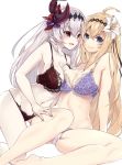  2girls ahoge bare_shoulders blonde_hair blue_eyes bra breasts commentary_request dark_jeanne dual_persona feathers flower granblue_fantasy groin hair_feathers hair_flower hair_ornament jeanne_d'arc_(granblue_fantasy) large_breasts lingerie looking_at_viewer multiple_girls navel open_mouth pale_skin red_eyes simple_background smile underwear underwear_only white_background white_hair 