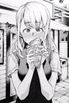  blush canopy commentary_request crepe eating eyebrows_visible_through_hair food food_on_face greyscale highres medium_hair monochrome nakajima_ryou original outdoors sidewalk solo trash_can upper_body vest 