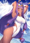  animal_ears armpits arms_up beach blue_sky blush breasts contrapposto covered_navel cowboy_shot dark_skin day dutch_angle earrings eyebrows_visible_through_hair facial_mark fate/grand_order fate_(series) hairband hoop_earrings impossible_clothes impossible_swimsuit jewelry large_breasts long_hair looking_at_viewer low-tied_long_hair m-da_s-tarou medjed necklace nitocris_(fate/grand_order) nitocris_(swimsuit_assassin)_(fate) one-piece_swimsuit outdoors purple_eyes purple_hair sidelocks sky smile solo standing sweat swimsuit very_long_hair white_swimsuit 