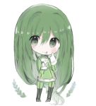  :p absurdly_long_hair asui_tsuyu bangs black_footwear black_legwear blush bodysuit boku_no_hero_academia boots chibi closed_mouth commentary cottontailtokki full_body gloves green_bodysuit green_eyes green_hair hair_between_eyes hands_up highres index_finger_raised long_hair long_sleeves simple_background solo standing thigh_boots thighhighs tongue tongue_out v very_long_hair white_background white_gloves 