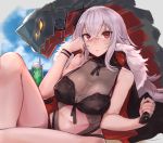  azur_lane blue_sky breasts cleavage coat day eyebrows_visible_through_hair fur_trim graf_zeppelin_(azur_lane) hair_between_eyes highres large_breasts long_hair looking_at_viewer mappaninatta open_clothes open_coat outdoors red_eyes see-through silver_hair sky sleeveless solo 