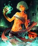  artist_request black_skin breasts cygames dark_skin enkidu_(shadowverse) eyebrows_visible_through_hair fingernails full_body_tattoo glowing_tattoo green_eyes green_hair looking_at_viewer multicolored multicolored_skin navel official_art open_mouth shadowverse sharp_fingernails short_hair small_breasts solo stasis_tank tattoo tube wading 