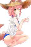  animal_ears ass barefoot bikini bikini_under_clothes blue_bikini blush commentary_request fate/grand_order fate_(series) feet fox_ears fox_tail hat highres long_hair pink_hair shirt simple_background siroimo0828 sitting smile soles solo straw_hat sun_hat swimsuit t-shirt tail tamamo_(fate)_(all) tamamo_no_mae_(fate) tamamo_no_mae_(swimsuit_lancer)_(fate) toes wariza wet wet_clothes wet_shirt wet_t-shirt white_background yellow_eyes 