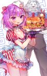  1girl apron belt bikini bikini_under_clothes black_pants black_suit blue_shirt blush bow buckle cherry closed_eyes commentary_request cowboy_shot crossed_arms cup diagonal_stripes dress drinking_straw fate/grand_order fate_(series) flat_chest food french_fries frilled_apron frills fruit gloves hair_bow hamburger hat helena_blavatsky_(fate/grand_order) helena_blavatsky_(swimsuit_archer)_(fate) highres holding holding_tray lion looking_at_viewer nekoremon panties pants panty_peek puffy_short_sleeves puffy_sleeves purple_bikini purple_eyes purple_gloves purple_hair red_dress red_neckwear roller_skates shirt short_hair short_sleeves skates smile striped striped_bow swimsuit swimsuit_under_clothes thomas_edison_(fate/grand_order) tray underwear vertical_stripes vest waist_apron waitress white_apron white_background white_dress white_hat 