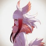  bangs bird_tail bird_wings black_hair blunt_bangs closed_mouth commentary eyebrows_visible_through_hair eyelashes feathered_wings frilled_sleeves frills from_side gradient_hair hand_on_own_chest head_wings highres japanese_crested_ibis_(kemono_friends) kemono_friends lips long_hair long_sleeves looking_away medium_hair multicolored_hair nose parted_lips profile realistic red_hair red_ribbon ribbon solo tail takami_masahiro upper_body white_hair wide_sleeves wings yellow_eyes 