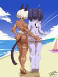  2girls animal_ears ass bare_shoulders bell bell_collar belt blue_hair blue_skin blush bob_cut breasts cat_ears cat_tail collar curvy dark_skin english_text eric_toner hair_over_one_eye holding long_hair midriff monster_girl ms._fortune_(skullgirls) multiple_girls muscle muscular_female navel nude purple_eyes purple_hair red_eyes scar short_hair skullgirls sleeveless sleeves_past_wrists squigly_(skullgirls) standing stitched_mouth stitches striped_sleeves tail toned underboob white_hair wide_hips zombie 