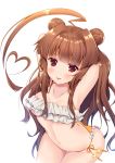  absurdres ahoge armpits bad_anatomy bikini breasts brown_eyes brown_hair double_bun eyebrows_visible_through_hair hand_in_hair heart_ahoge highres huge_ahoge kantai_collection ko_yu kuma_(kantai_collection) long_hair md5_mismatch medium_breasts navel resized side-tie_bikini simple_background smile solo swimsuit tongue tongue_out upscaled white_background 
