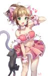  animal_ears bangs bare_shoulders blush breasts brown_hair cat cat_ears cat_tail chain cleavage collarbone commentary_request detached_collar extra_ears eyebrows_visible_through_hair fang fingerless_gloves gloves green_eyes hair_ribbon hand_gesture heart hips idolmaster idolmaster_cinderella_girls korean_commentary large_breasts looking_at_viewer maekawa_miku midriff navel open_mouth pinb pink_gloves pink_skirt ponytail ribbon short_hair signature simple_background skirt smile standing tail thighs v white_background 