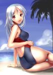  beach competition_swimsuit day katahira_masashi long_hair one-piece_swimsuit original red_eyes solo swimsuit white_hair 