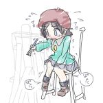  1girl adeleine aqua_shirt beret between_legs black_hair black_legwear black_skirt blue_eyes blush brown_footwear brush chair easel eyebrows_visible_through_hair female flying_sweatdrops full_body hand_between_legs hat have_to_pee holding japanese_text jirene kirby_(series) kirby_64 knees_together_feet_apart long_sleeves nose_blush open_mouth outstretched_arm paintbrush pigeon-toed pleated_skirt red_hat shirt shoes short_hair simple_background sitting skirt socks solo tears translation_request trembling white_background x-ray 