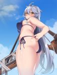  adjusting_clothes adjusting_swimsuit ahoge alternate_costume armpits ass bikini bikini_pull blue_bikini blue_sky blush braid breasts cleavage cloud commentary_request day embarrassed eyebrows_visible_through_hair from_below granblue_fantasy gun hair_between_eyes highres large_breasts long_hair looking_at_viewer rifle shiny shiny_skin silva_(granblue_fantasy) silver_hair sky solo spicy_moo standing swimsuit thighs twin_braids very_long_hair wavy_hair weapon yellow_eyes 