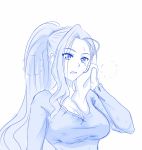  alternate_hairstyle blue breasts breath cleavage eclair_seaetto hair_up high_ponytail highres large_breasts long_hair long_sleeves looking_at_viewer monochrome open_mouth solo sweat tate_no_yuusha_no_nariagari towel viperxtr wiping_sweat 