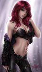  absurdres belt breasts commentary english_commentary green_eyes highres jacket katarina_du_couteau league_of_legends long_hair looking_at_viewer midriff navel red_hair scar scar_across_eye tattoo z-duke 